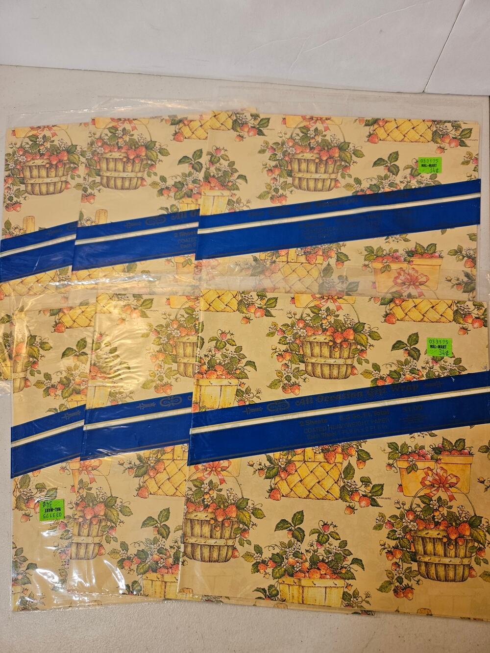 Vintage Strawberry Basket Wrapping Paper Lot of 6 NOS Sealed Sheets Paper Goods